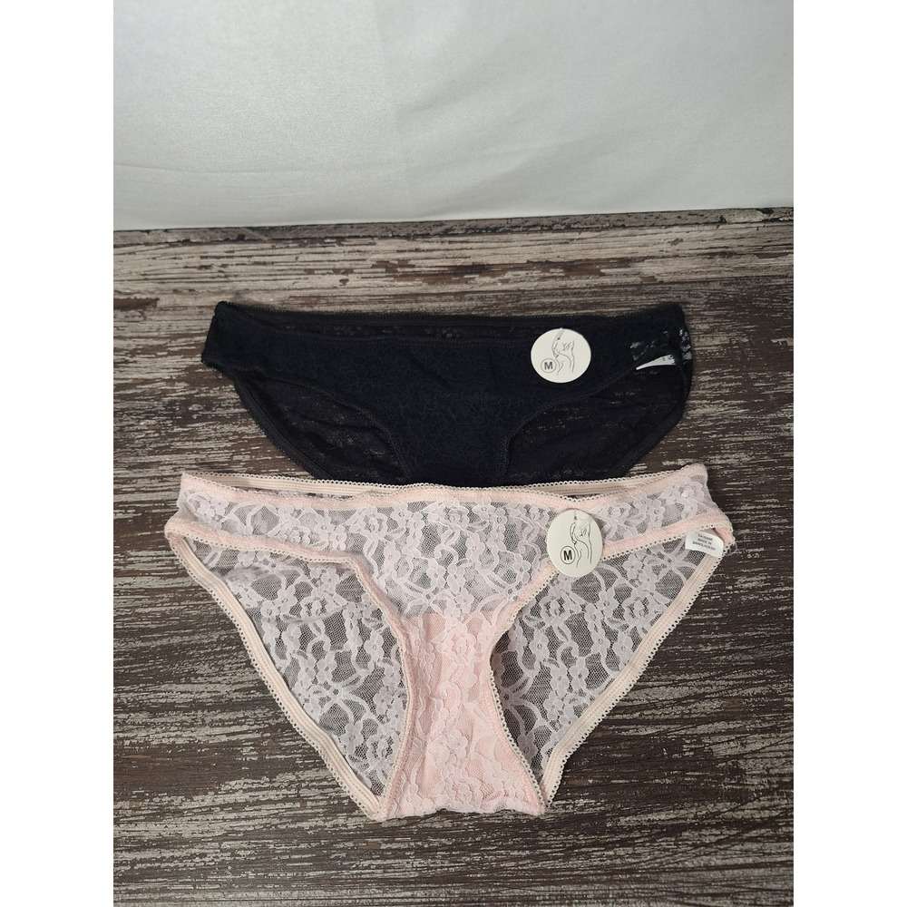 New 2 Pack Women Floral Lace Bikini Panties Black Pink Medium Low Rise RN 157071